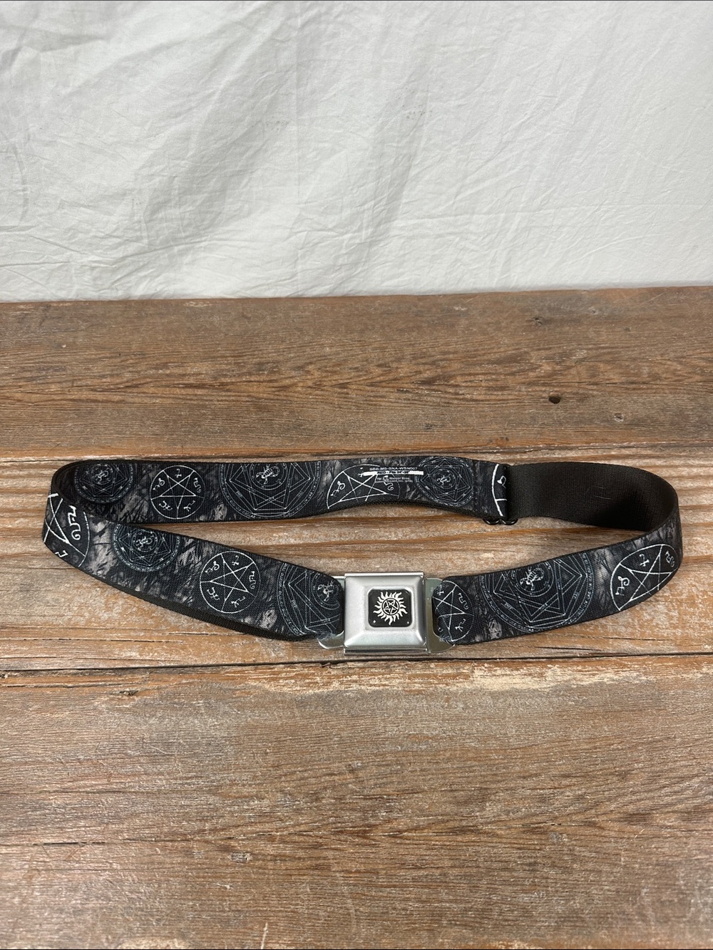 Black Graphic Web Belt with Silver Buckle